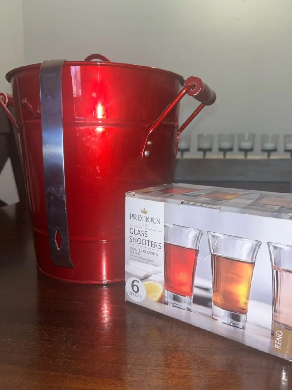 Red Metal Beverage Bucket with Handle - Home Dining & 6 Shot Glasses - Picture 4 of 6